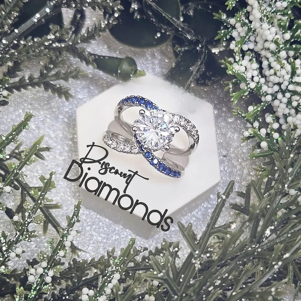 White and Blue Sapphire Cocktail Ring on 925 Sterling Silver